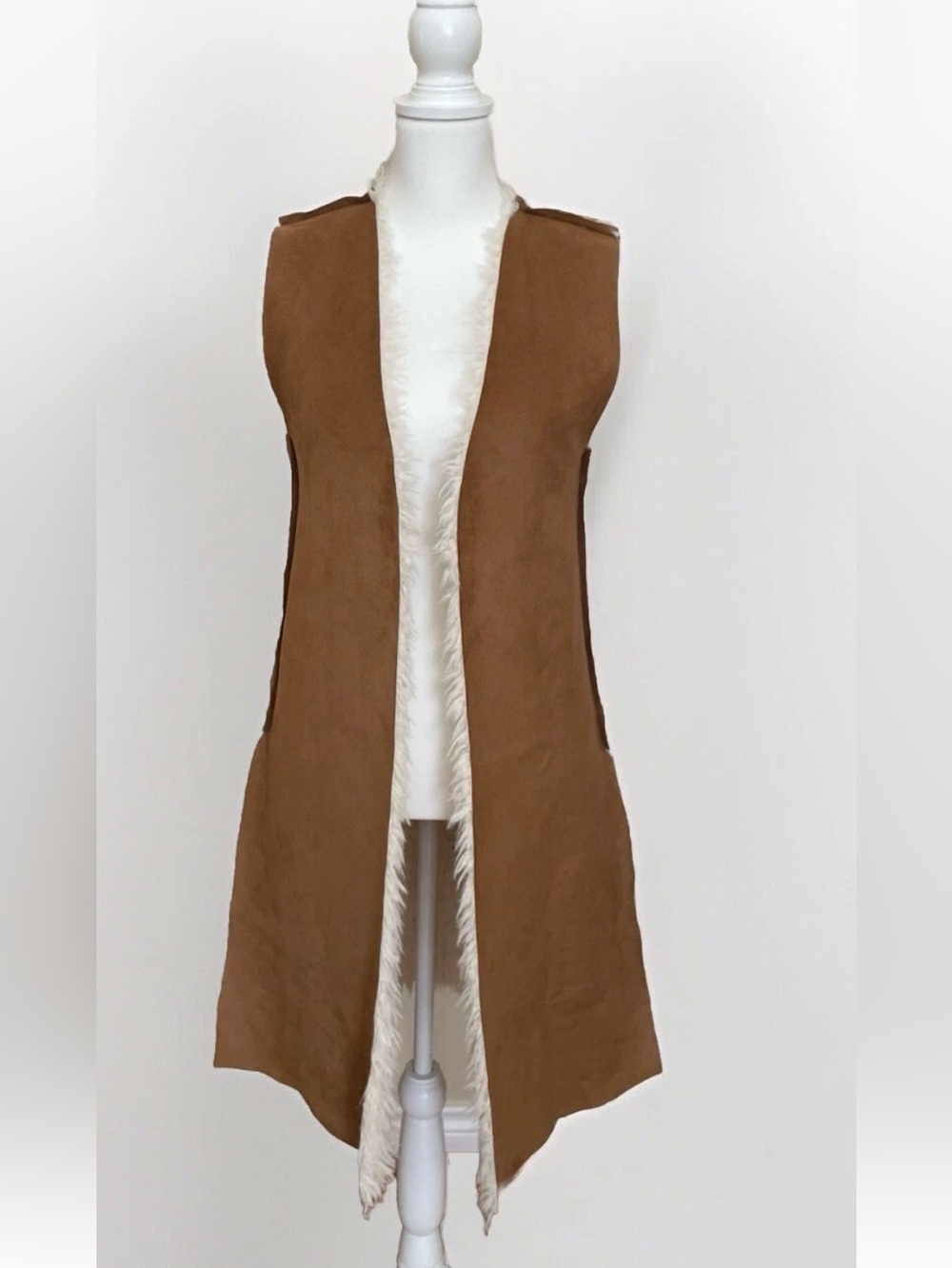Me Jane Faux Suede Fur Teddy Bear Reversible Vest Tan White Sz S Long